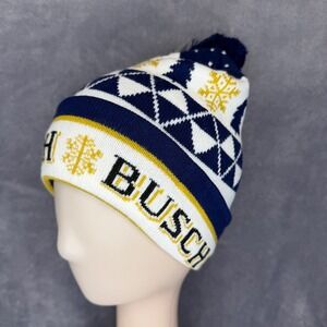 Shinesty Busch Beer Beanie Hat Unisex OS Blue White Gold Snowflake Knit Pom Pom